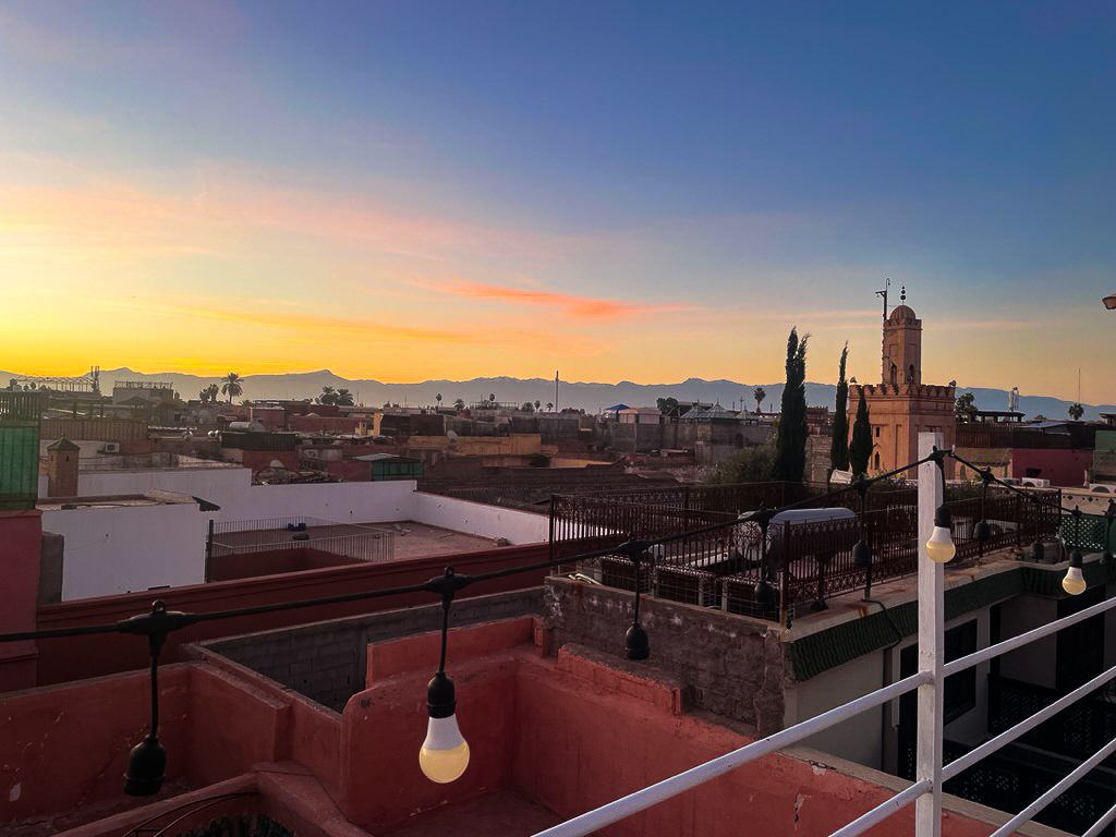 Marrakech Medina in sunset as seen from the rooftops